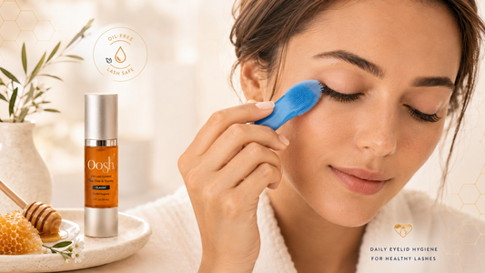 Oil free eyelash cleanser applied with silicone brush for daily eyelid hygiene around lash extensions
