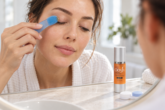 contact lens wearer performing eyelid cleaning routine before inserting lenses 